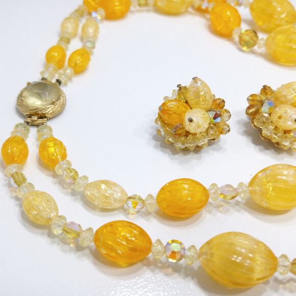 Vintage  Yellow Orange Lucite Beaded Necklace & Earrings, AB Crystals, 1960s - Picture 7 of 10